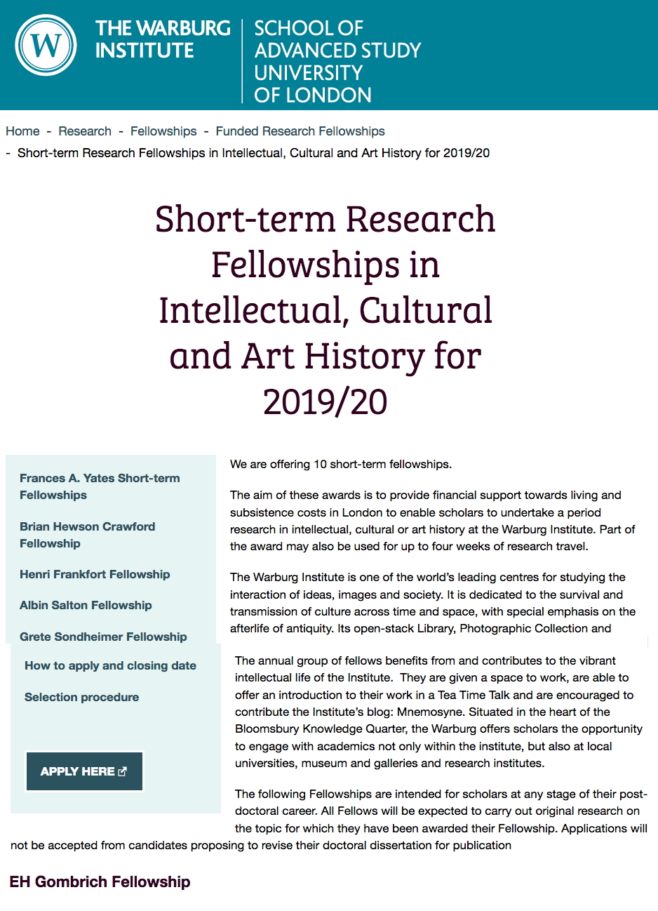 Page Internet. The Warburg Institute. Short-term Research Fellowships in Intellectual, Cultural and Art History for 2019-20.2018-11-08